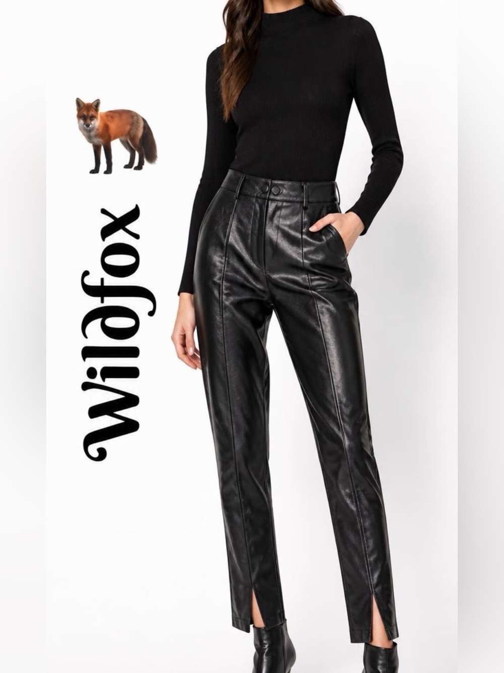 Wildfox Womens Faux Leather Pants Sz M Black Textured High Rise Ankle Front Slit
